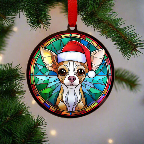 Chihuahua Fawn in Santa Hat Suncatcher Decoration